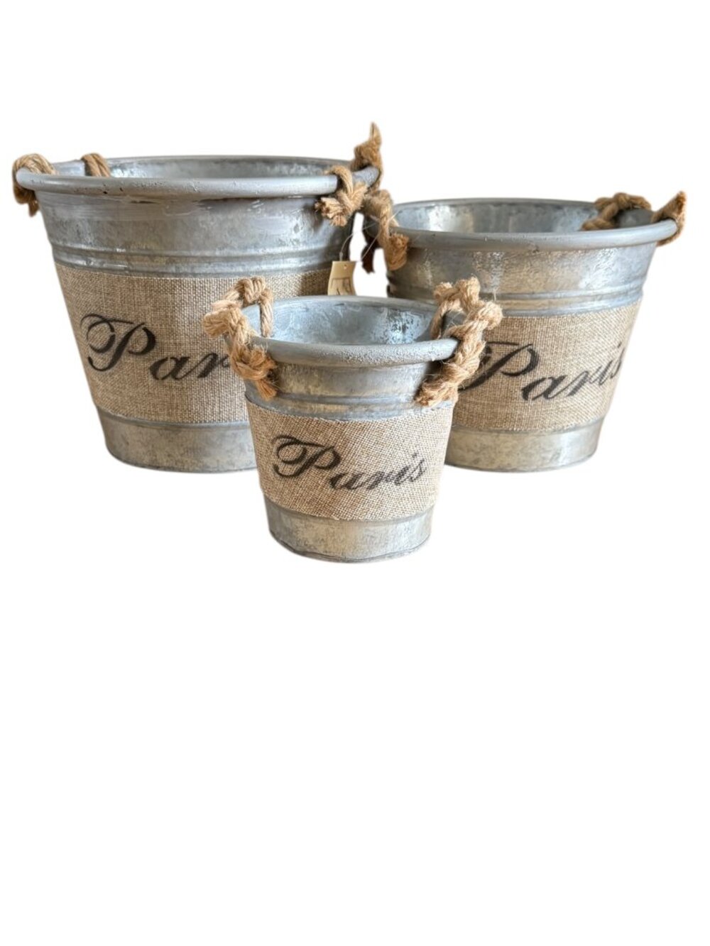 Decorative Round Galvanized Metal Buckets w/ Rope Handles & Burlap "Paris" Text